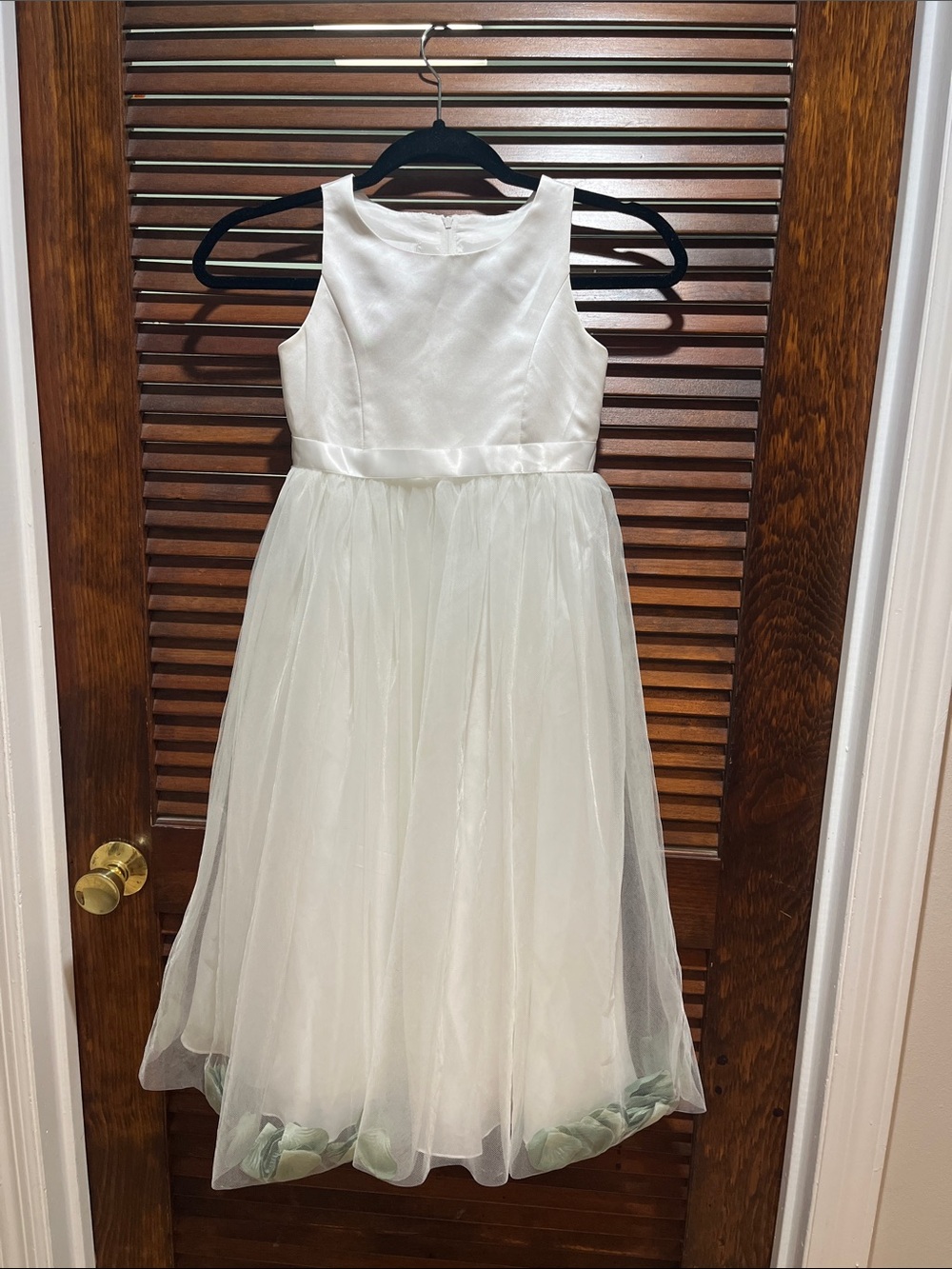 David's Bridal Ivory Satin and Tulle Flower Girl Dress with sage flowers at hem